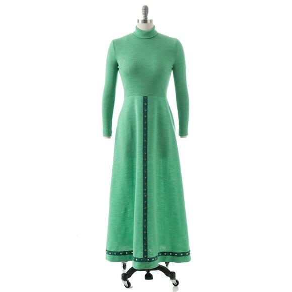 Vintage 1970s Sweater Dress 70s Studded Knit Green Turtleneck Fit Flare Maxi - Picture 2 of 9